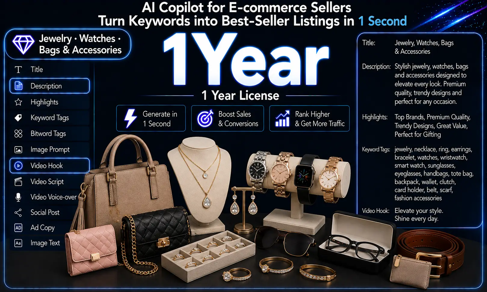 Jewelry · Watches · Bags · Accessories AI Content Generator (1‑Year License)